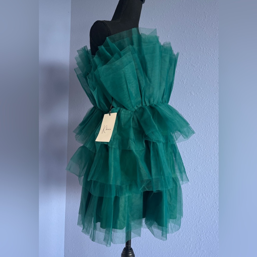KLESIS Strapless Teal Tiered Tulle Mini Dress - Picture 4 of 5